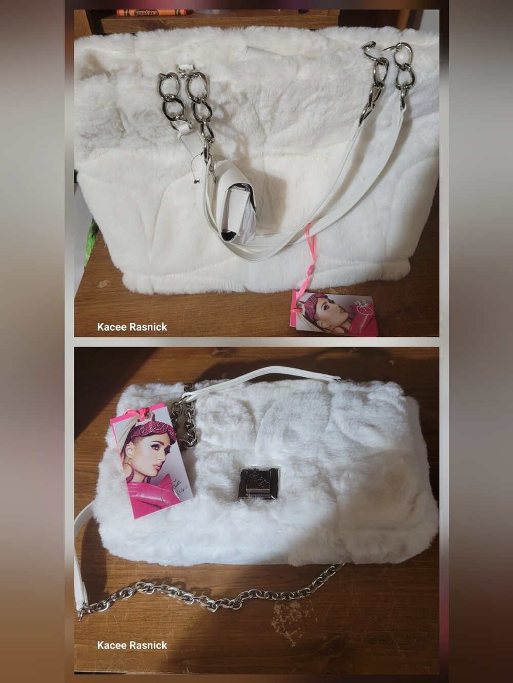 Paris Hilton White Faux Fur Tote And Crossbody Set.